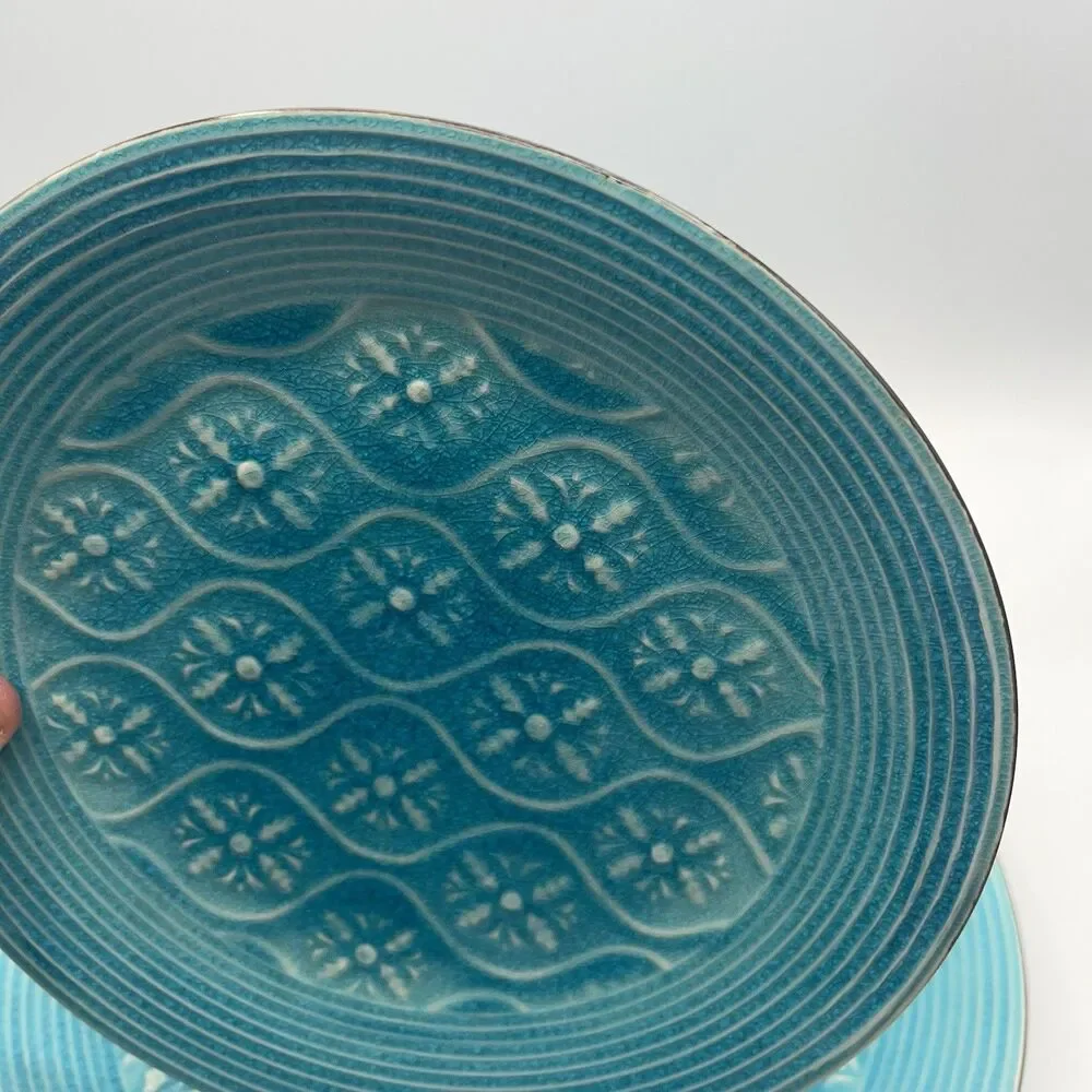 Vintage Set Pier 1 Turquoise Plate Crackle Pattern Stoneware Salad 8.5”  And 11”
